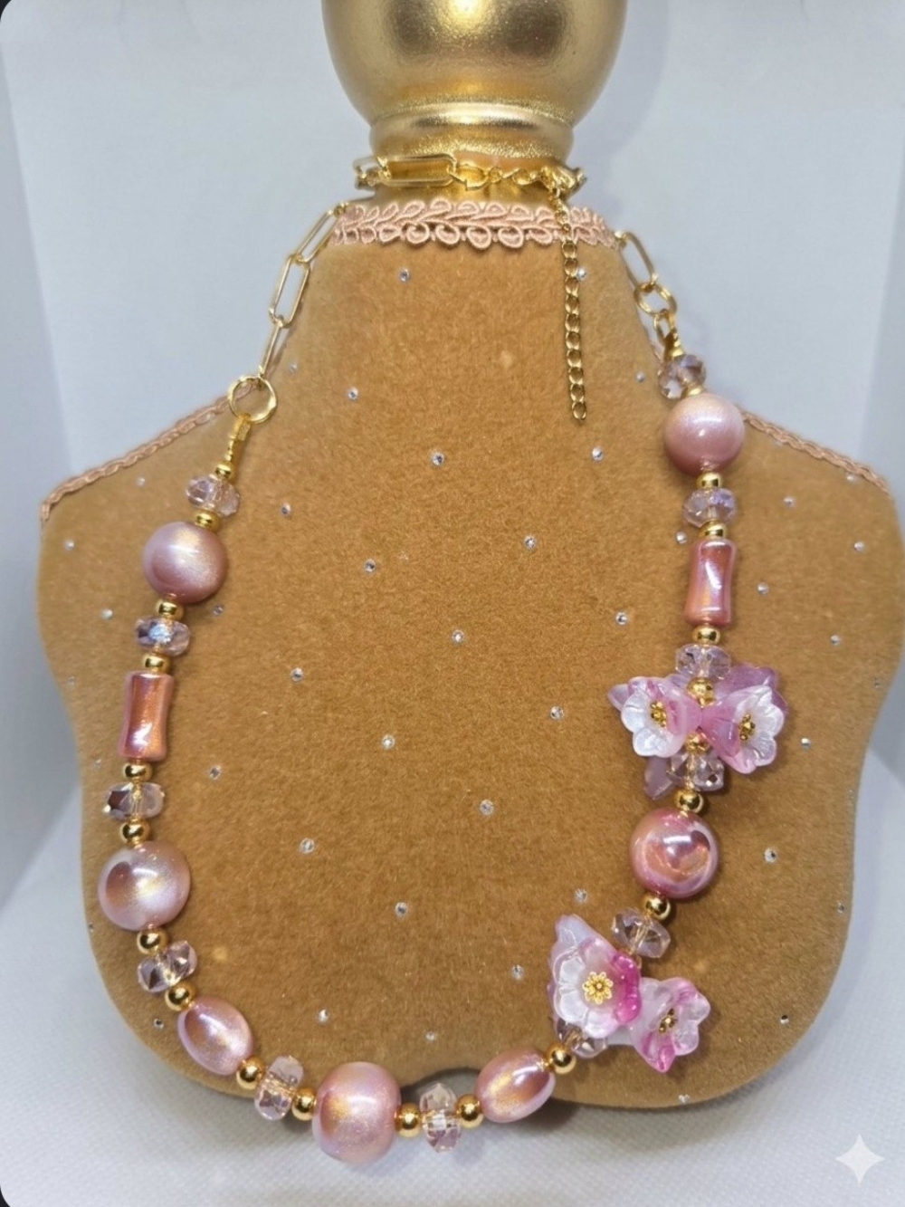 Handcrafted Pink White Beads & Floral Necklace
